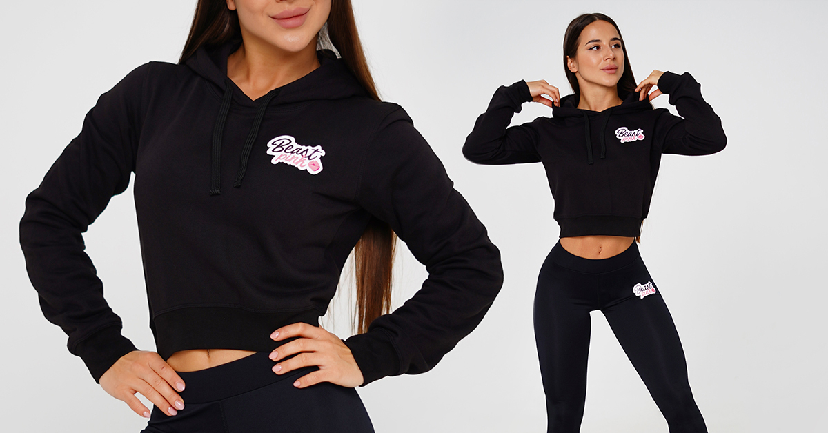 Crop Hoodie fekete kapucnis pulóver - BeastPink